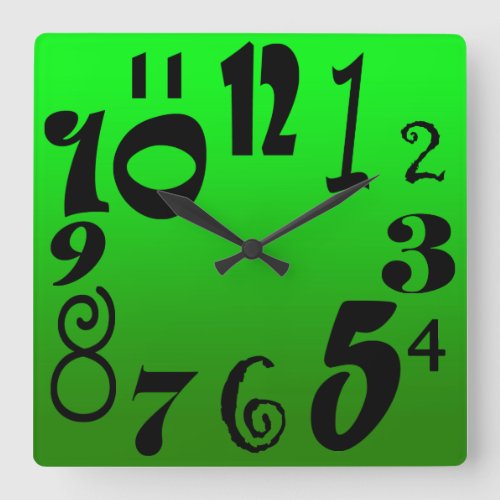 Funky black numbers _ gradient of green face square wall clock