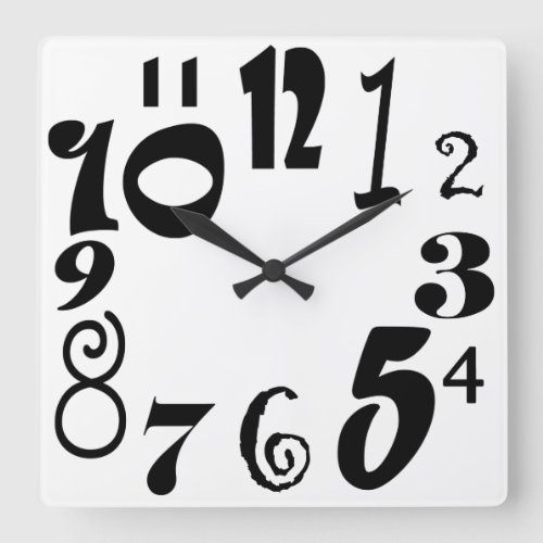 Funky black numbers on white square wall clock