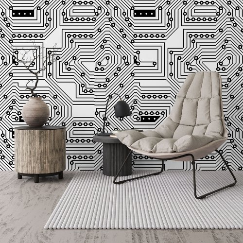 Funky Black White Computer Circuit Board Pattern Wallpaper