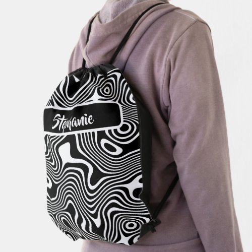 Funky BlackWhite Crooked Winding Quirky Stripes Drawstring Bag