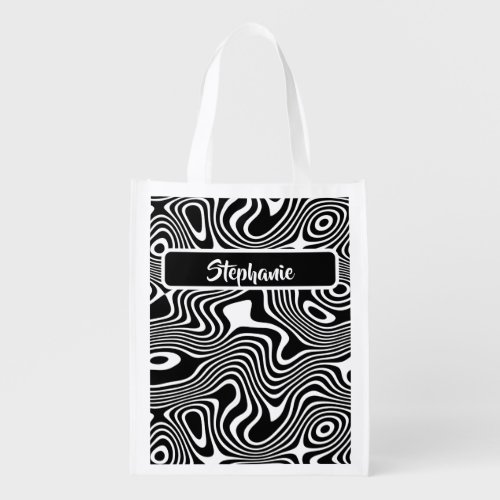 Funky BlackWhite Crooked Winding Quirky Stripes  Grocery Bag