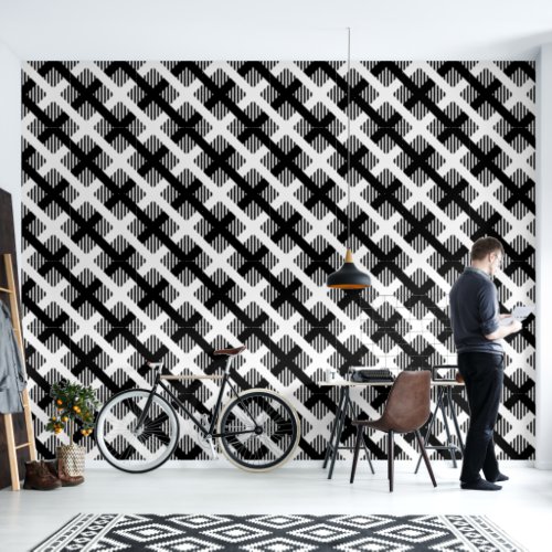 Funky Black White Plaid Squares Lines Stripes Art Wallpaper