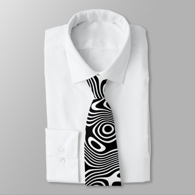 Funky Black/White quirky Winding Graphic Stripes  Neck Tie (Tied)