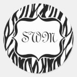 Funky Black/White Zebra Monogram Classic Round Sticker