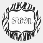 Funky Black/White Zebra Monogram Classic Round Sticker