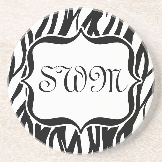 Funky Black/White Zebra Monogram Sandstone Coaster (Front)