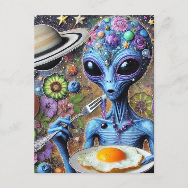 Funky Blue Alien Eating Fried Eggs Postcard (Front)