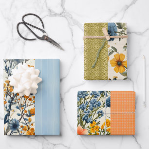 Funky Blue And Yellow Vintage Floral Half Mix Wrapping Paper Sheets