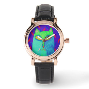 Funky Blue Cat Abstract Art to Wear Watch
