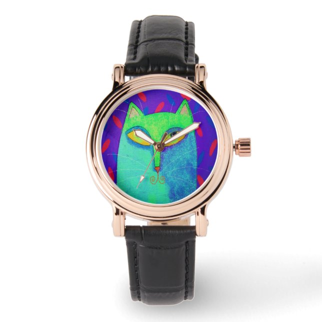 Funky Blue Cat Abstract Art to Wear Watch (Front)
