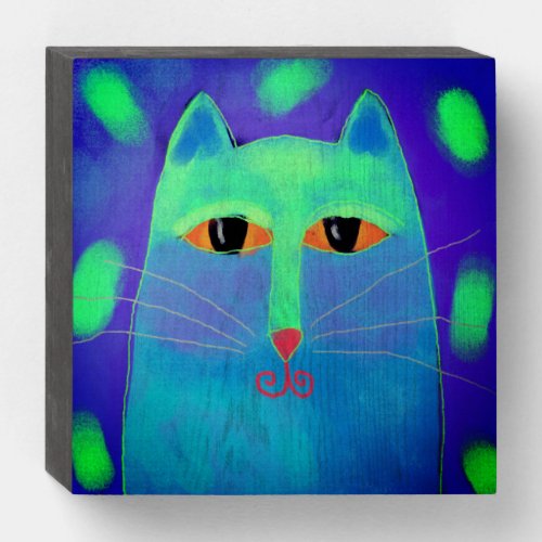 Funky Blue Cat Abstract Painting Wooden Box Sign