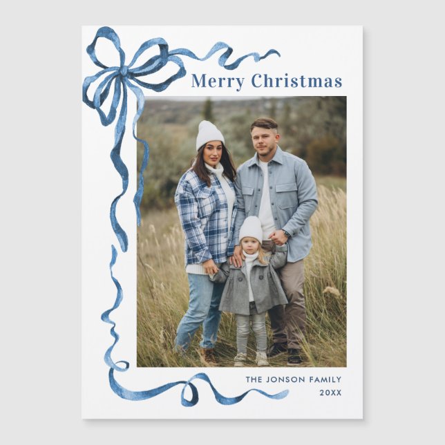 Funky Blue Christmas Bow Photo Magnetic Card (Front)