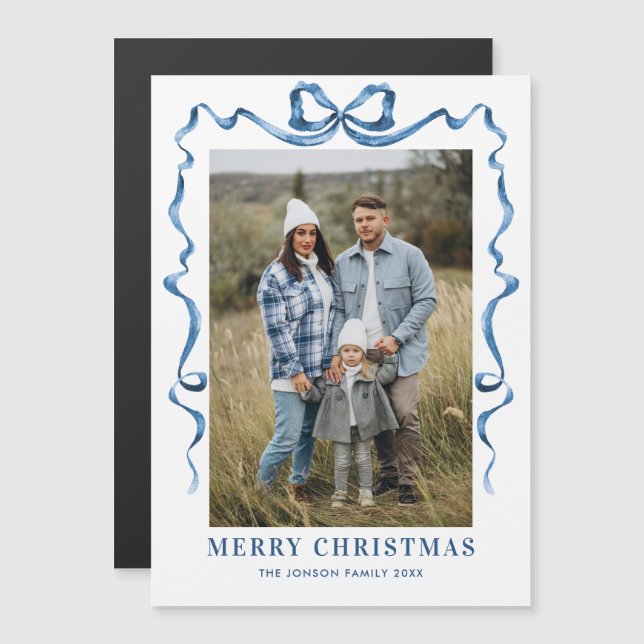 Funky Blue Christmas Bow Photo Magnetic Card (Front/Back)