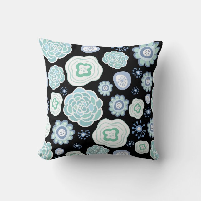 Funky Blue Floral Pattern Black Pillow Cushions (Front)