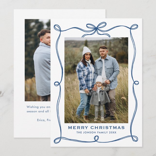 Funky Blue Merry Christmas Bow Ribbon 2 Photo Holiday Card (Front/Back)