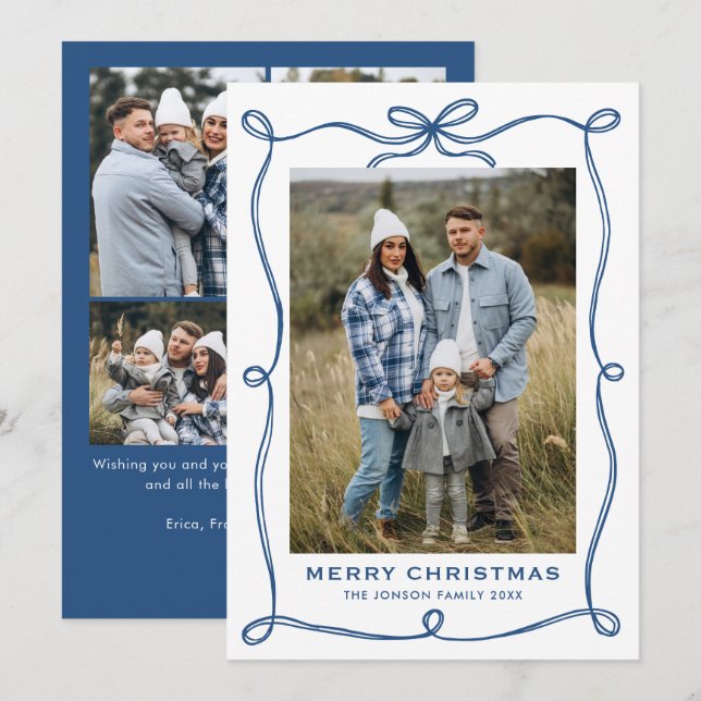 Funky Blue Merry Christmas Bow Ribbon 5 Photo Holiday Card (Front/Back)