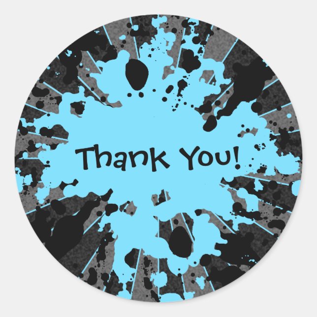 Funky blue paint splatter paintball thank you classic round sticker (Front)