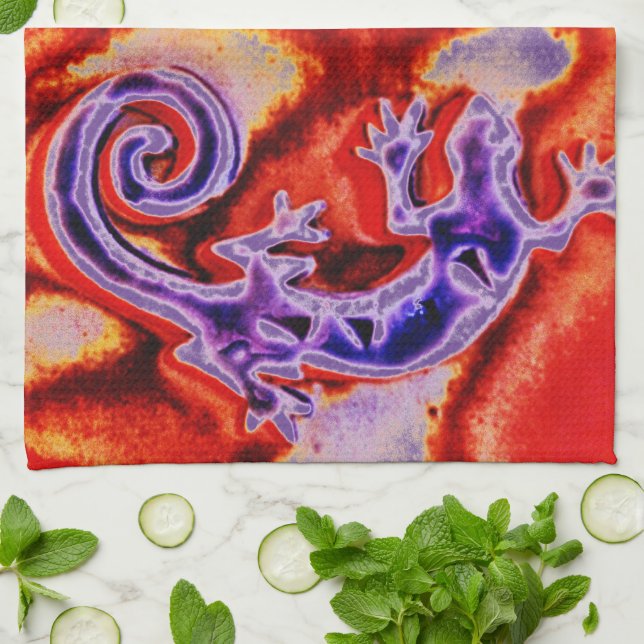 Funky Blue Purple Orange Lizard Gecko Southwestern Kitchen Towel (Folded)