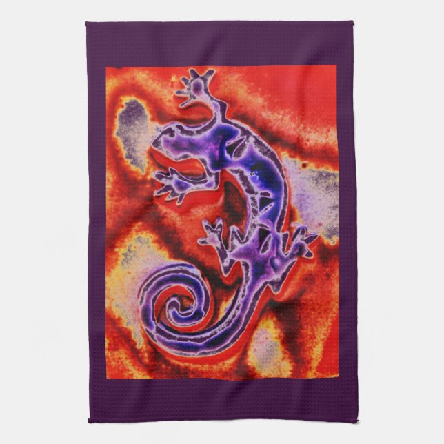 Funky Blue Purple Orange Lizard Gecko Southwestern Towel (Vertical)