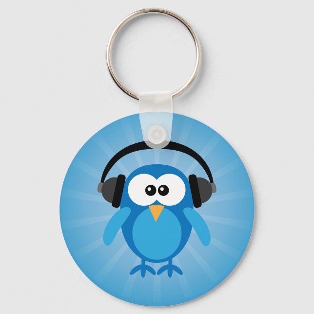 Funky Blue Retro Owl With Headphones Keychain (Front)