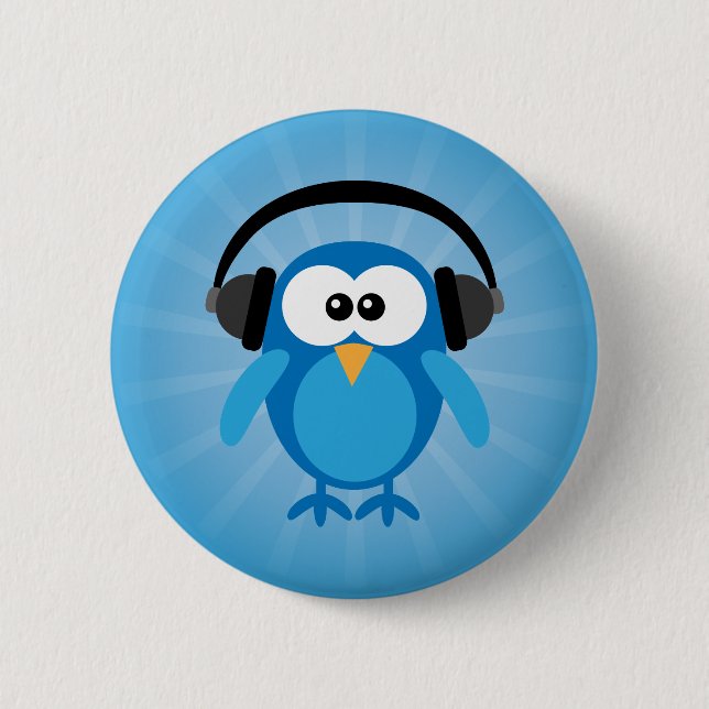 Funky Blue Retro Owl With Headphones Pinback Button (Front)