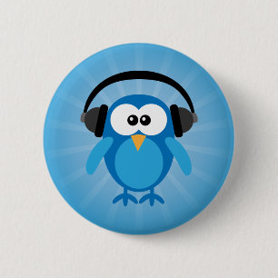 Funky Blue Retro Owl With Headphones Pinback Button