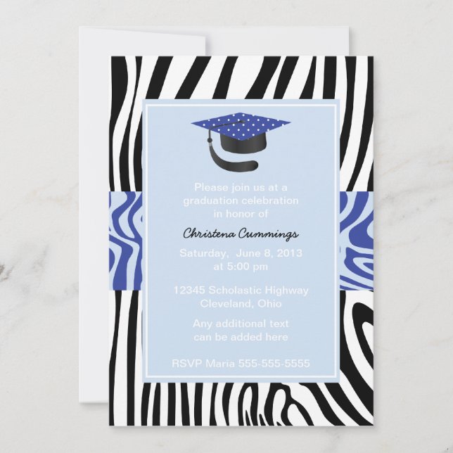 Funky Blue Zebra Graduation Invitation (Front)