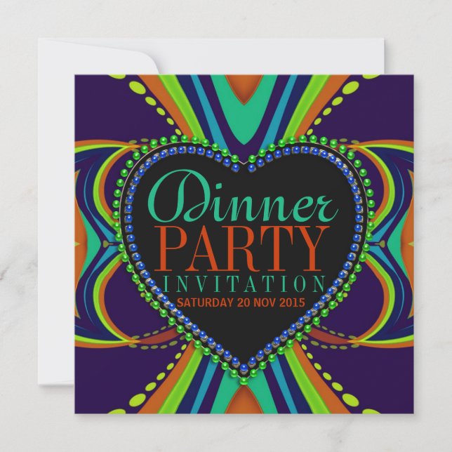 Funky Bohemian Dinner Party Blue Green Invitation (Front)