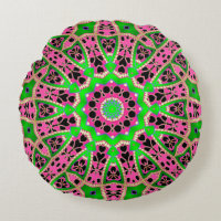 Funky Bohemian Green Pink Mandala Round Pillow