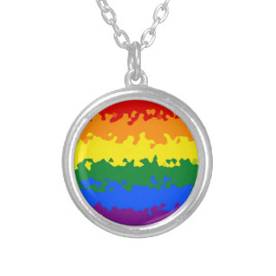 Funky Boho Abstract Gay Rainbow Mosaic Pride Flag Silver Plated Necklace