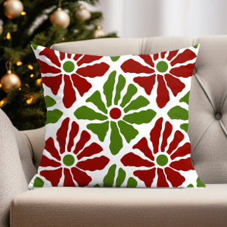 Funky Boho Christmas Poinsettia Flowers Red Green Throw Pillow