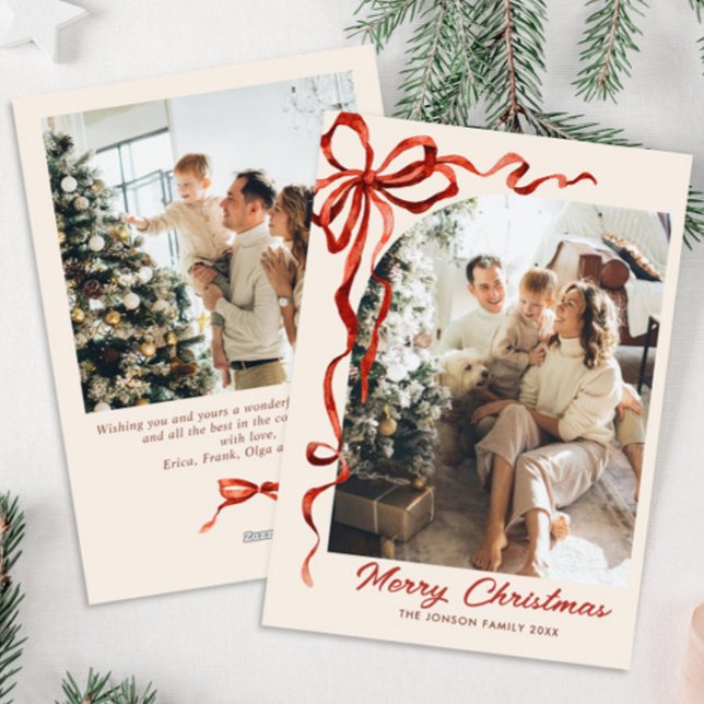 Funky Boho Christmas Red Bow Ribbon 2 Photo Holiday Card (Creator Uploaded)