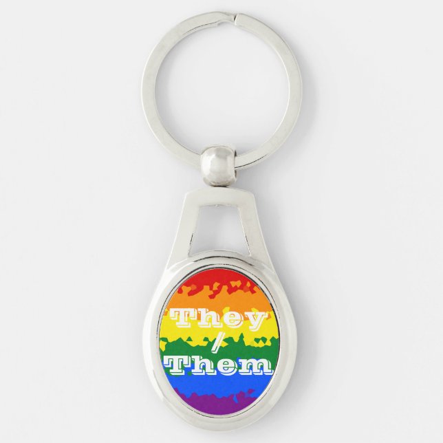Funky Boho Customizable Pronoun Gay Pride Flag Keychain (Front)