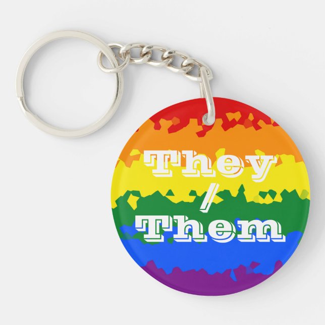 Funky Boho Customizable Pronoun Gay Pride Flag Keychain (Front)