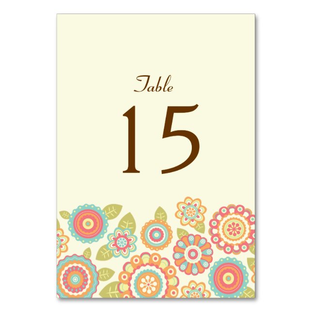 Funky Boho Retro Flowers Wedding Table Number (Back)