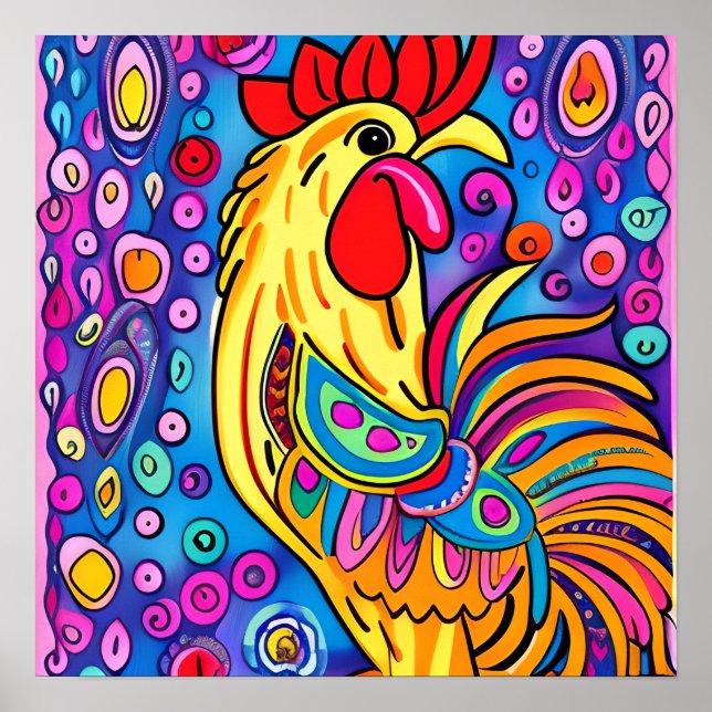 Funky Boho Rooster Farm Animal Portrait Art Poster (Front)