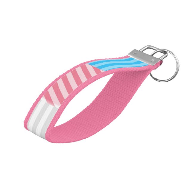 Funky Boho Stripe Abstract Transgender Pride Flag Wrist Keychain (Angled Up)