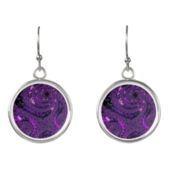 Funky Bold Boho Purple Digital Abstract Fractal Earrings (Front)