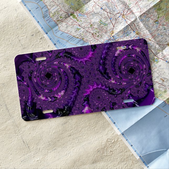 Funky Bold Boho Purple Digital Abstract Fractal License Plate (In Situ)