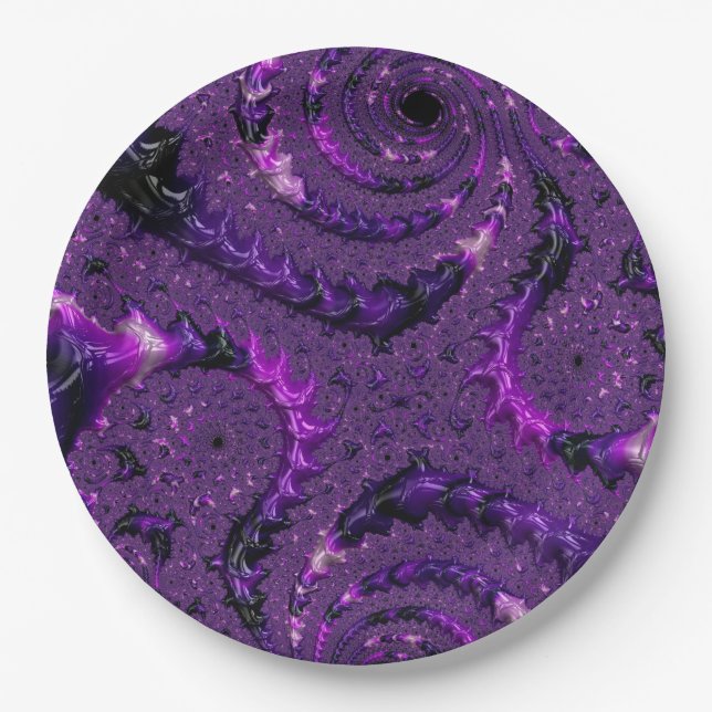 Funky Bold Boho Purple Digital Abstract Fractal Paper Plates (Front)