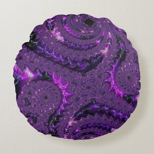 Funky Bold Boho Purple Digital Abstract Fractal Round Pillow (Front)