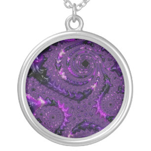 Funky Bold Boho Purple Digital Abstract Fractal Silver Plated Necklace