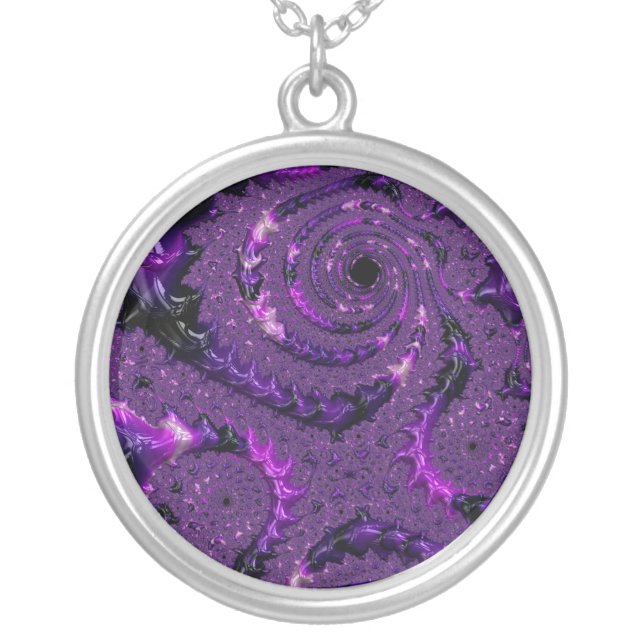 Funky Bold Boho Purple Digital Abstract Fractal Silver Plated Necklace (Front)