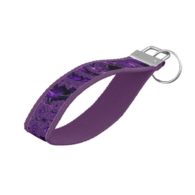 Funky Bold Boho Purple Digital Abstract Fractal Wrist Keychain (Angled Up)