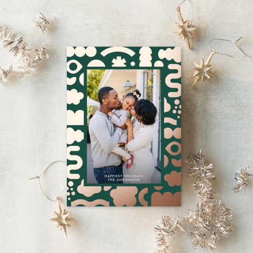 Funky Bold Modern Shapes Photo Green Rose Gold Foil Holiday Card