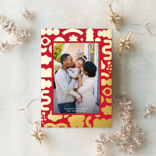 Funky Bold Modern Shapes Photo Red Gold Foil Holiday Card