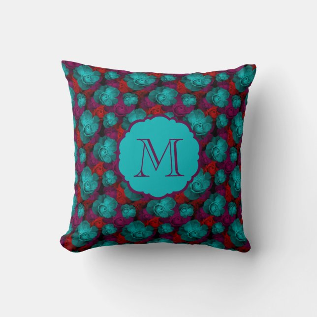 Funky Bold Roses Pattern Monogram Throw Pillow (Front)