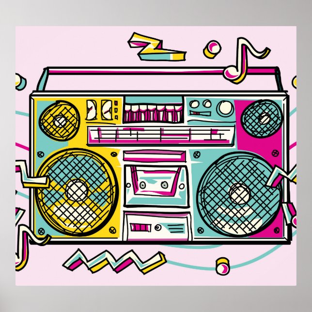 Funky Boombox Colorful Drawn Design Poster (Front)