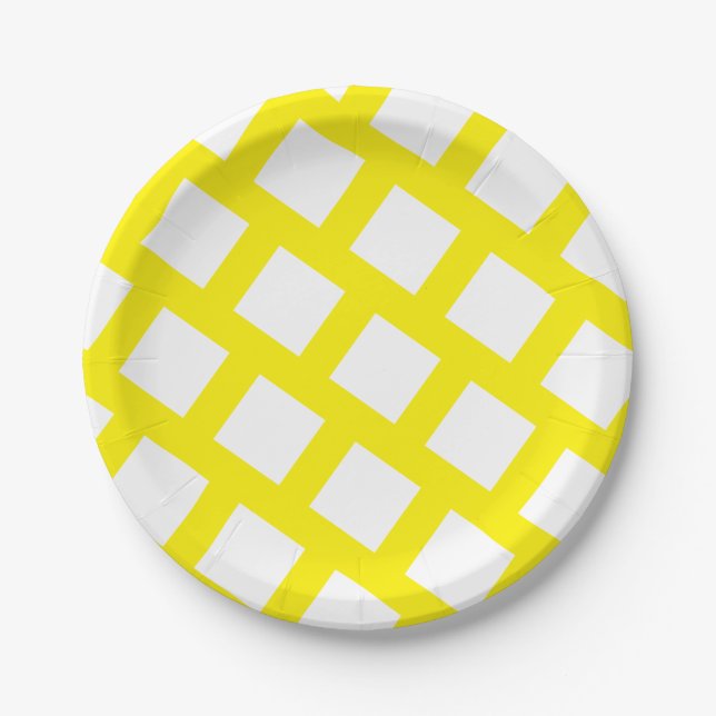 Funky Bright Yellow and White Rhombus Pattern Paper Plates (Front)