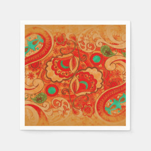 Funky Burnt Orange Red Turquoise Vintage Paisley Paper Napkins